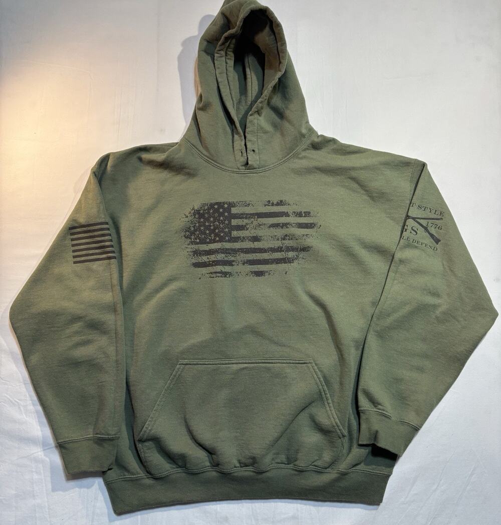 Grunt Style Men’s Olive Green Hoodie Distressed American Flag Pullover Size L